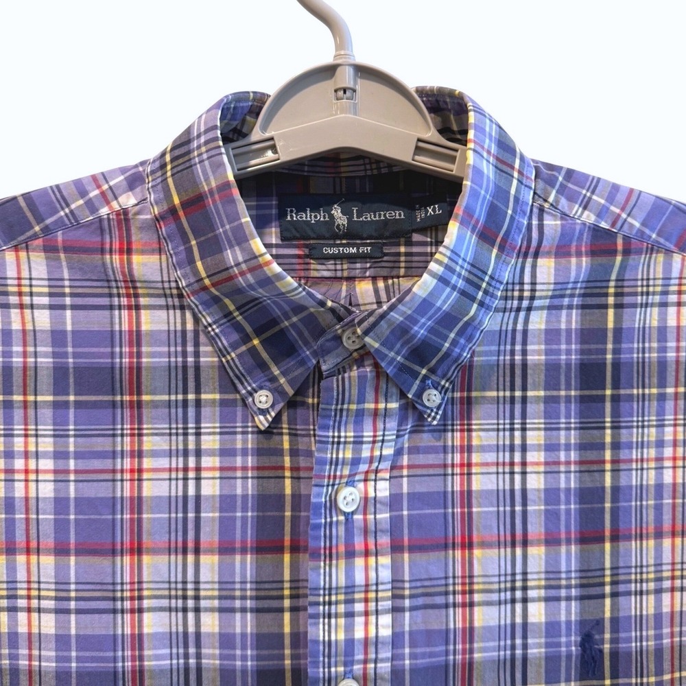 Ralph Lauren Mens XL Custom Fit Plaid Button Down Shirt Purple Blue‎ Long Sleeve